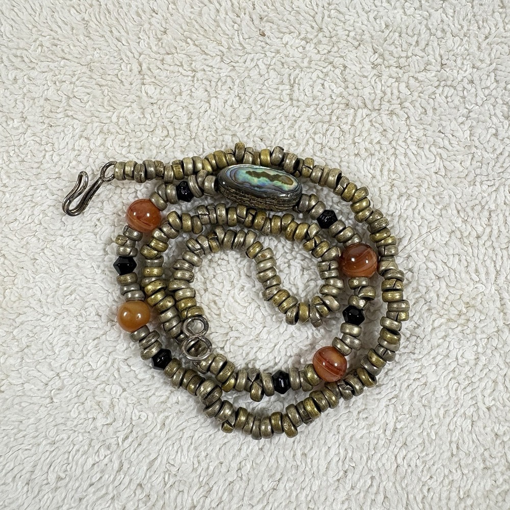 Artisan Beaded Necklace Abalone Shell Agate Brass Tone Boho 20 In Handmade L-300